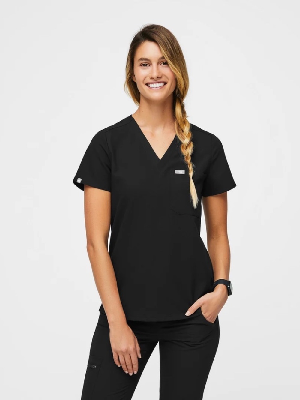 FIGS Women’s Adra Slim V-Neck Scrub Top – Black- Size Small